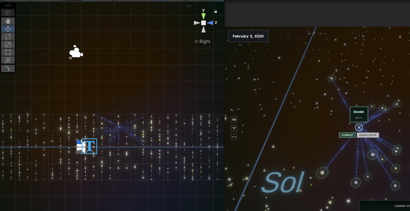 La mappa delle altezze della galassia generata nell'editor di Unity accanto alla vista della camera di gioco