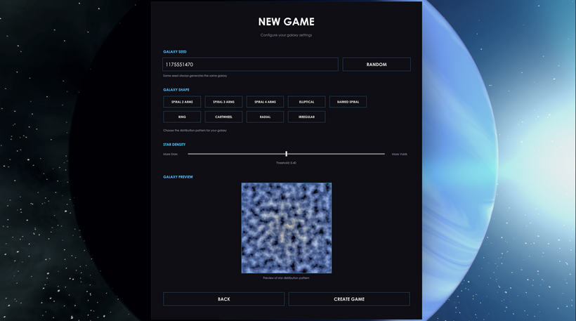 La schermata di nuova partita con i comandi per selezionare la forma della galassia